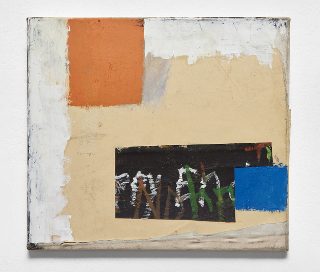 Marco Salvetti, Stomp, 2024, olio e collage su carta su tela, cm 42x42